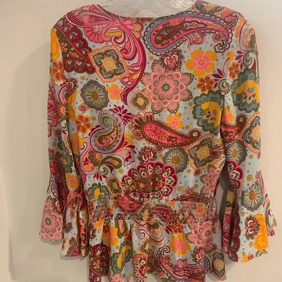 1. State Pink and Orange Ruffled Bell Sleeve Blouse - Picture 2 of 12